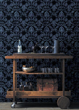 Blooming Damask Black Peel & Stick Wallpaper with Distressed Botanical Damask - York RMK12758PLW