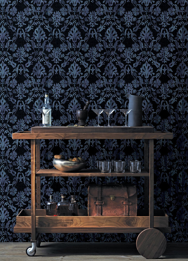 Blooming Damask Black Peel & Stick Wallpaper with Distressed Botanical Damask - York RMK12758PLW
