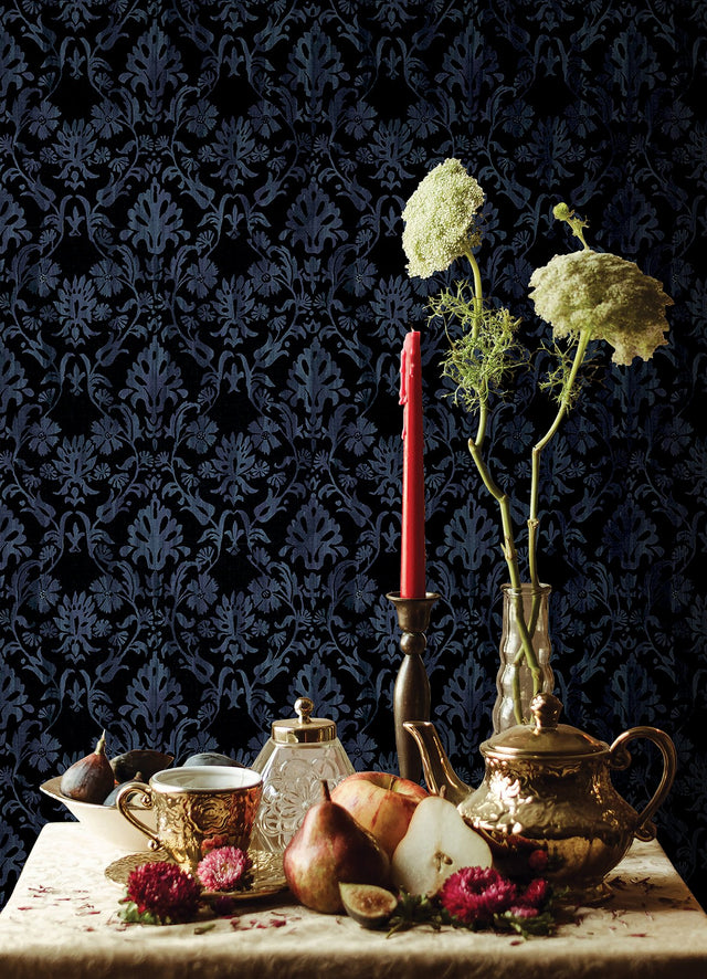 Blooming Damask Black Peel & Stick Wallpaper with Distressed Botanical Damask - York RMK12758PLW