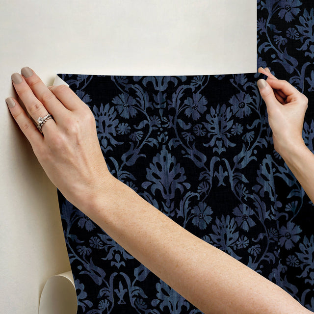 Blooming Damask Black Peel & Stick Wallpaper with Distressed Botanical Damask - York RMK12758PLW