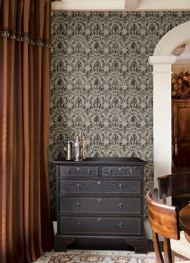 Blooming Damask Taupe Peel & Stick Wallpaper with Distressed Botanical Damask - York RMK12759PLW