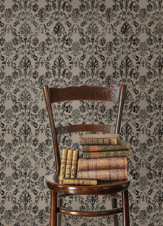 Blooming Damask Taupe Peel & Stick Wallpaper with Distressed Botanical Damask - York RMK12759PLW