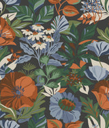 Poppy Fields Charcoal Peel & Stick Wallpaper with Moody Blue and Orange Floral Pattern - RoomMates RMK12760PLW