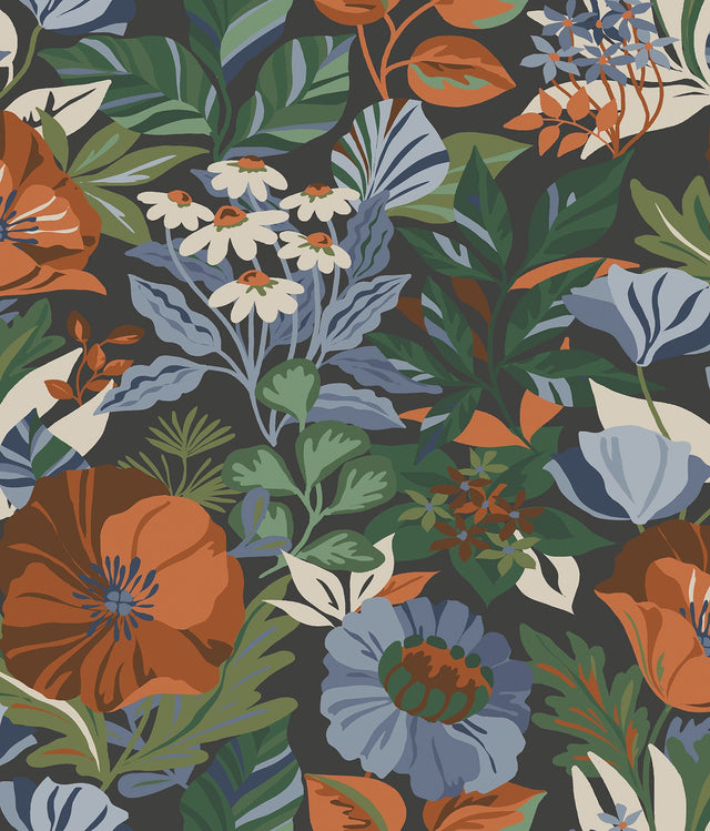 Poppy Fields Charcoal Peel & Stick Wallpaper with Moody Blue and Orange Floral Pattern - RoomMates RMK12760PLW