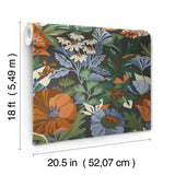 Poppy Fields Charcoal Peel & Stick Wallpaper with Moody Blue and Orange Floral Pattern - RoomMates RMK12760PLW