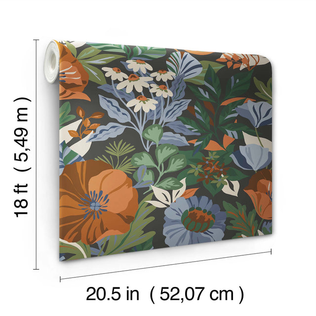 Poppy Fields Charcoal Peel & Stick Wallpaper with Moody Blue and Orange Floral Pattern - RoomMates RMK12760PLW
