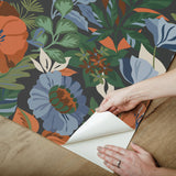Poppy Fields Charcoal Peel & Stick Wallpaper with Moody Blue and Orange Floral Pattern - RoomMates RMK12760PLW