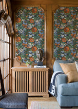 Poppy Fields Charcoal Peel & Stick Wallpaper with Moody Blue and Orange Floral Pattern - RoomMates RMK12760PLW