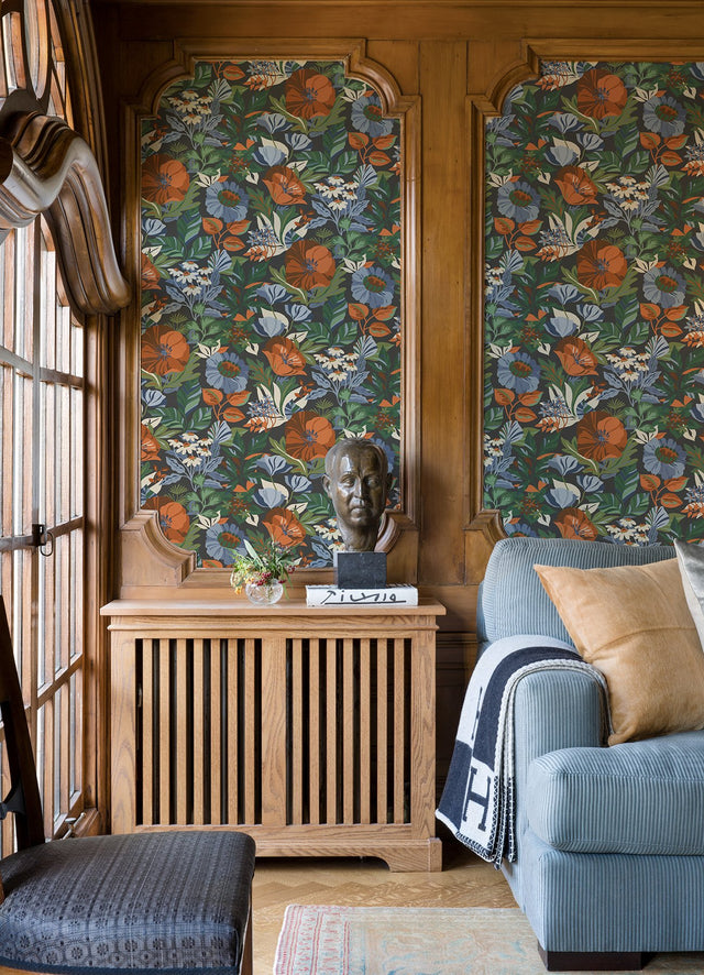 Poppy Fields Charcoal Peel & Stick Wallpaper with Moody Blue and Orange Floral Pattern - RoomMates RMK12760PLW