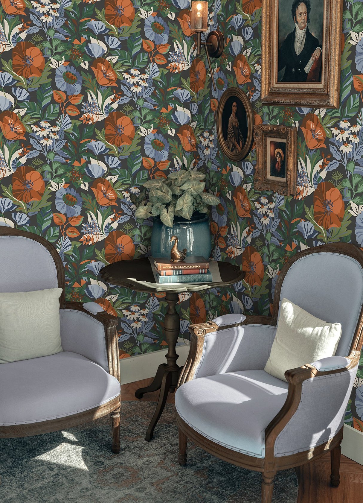 Poppy Fields Charcoal Peel & Stick Wallpaper with Moody Blue and Orange Floral Pattern - RoomMates RMK12760PLW