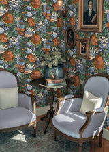 Poppy Fields Charcoal Peel & Stick Wallpaper with Moody Blue and Orange Floral Pattern - RoomMates RMK12760PLW