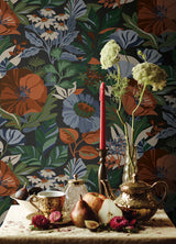Poppy Fields Charcoal Peel & Stick Wallpaper with Moody Blue and Orange Floral Pattern - RoomMates RMK12760PLW
