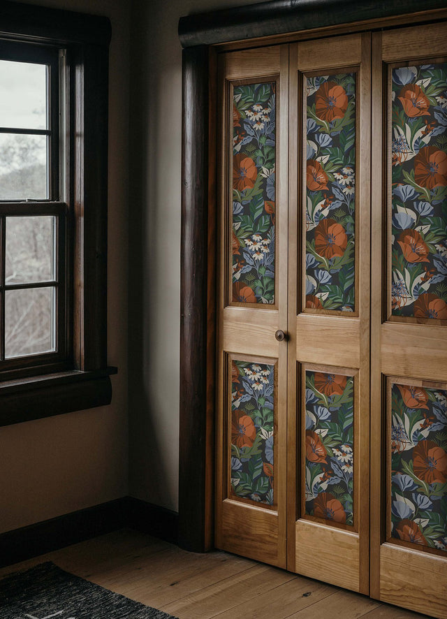 Poppy Fields Charcoal Peel & Stick Wallpaper with Moody Blue and Orange Floral Pattern - RoomMates RMK12760PLW
