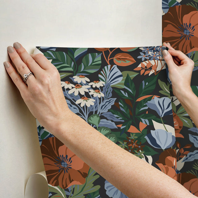 Poppy Fields Charcoal Peel & Stick Wallpaper with Moody Blue and Orange Floral Pattern - RoomMates RMK12760PLW