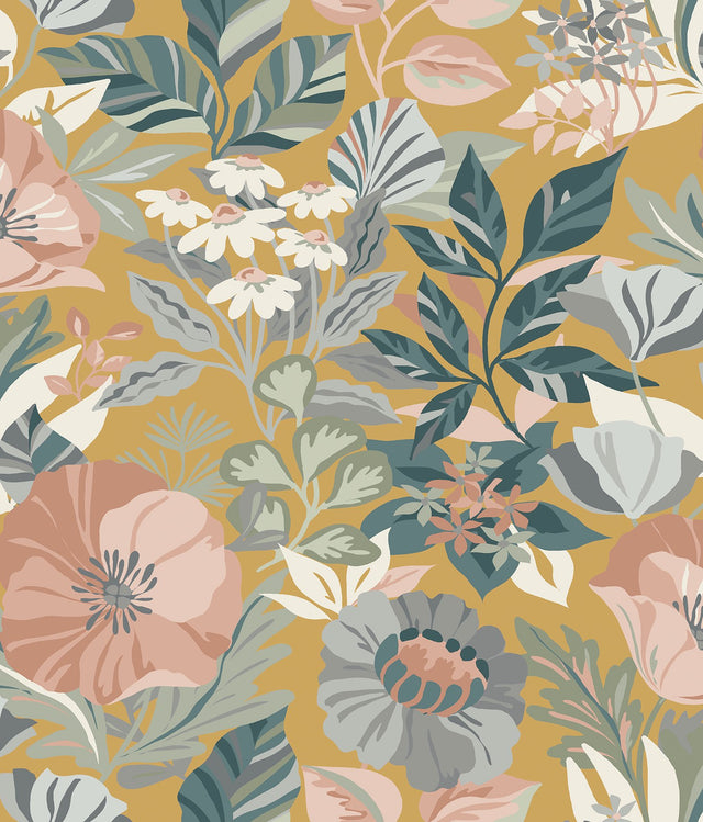 Poppy Fields Mustard Peel & Stick Wallpaper with Botanical Floral Pattern - York RMK12761PLW