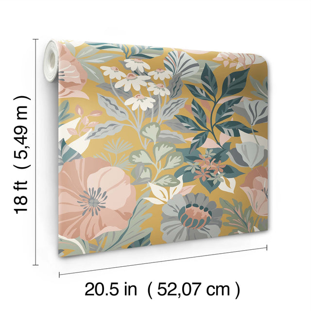 Poppy Fields Mustard Peel & Stick Wallpaper with Botanical Floral Pattern - York RMK12761PLW