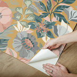 Poppy Fields Mustard Peel & Stick Wallpaper with Botanical Floral Pattern - York RMK12761PLW