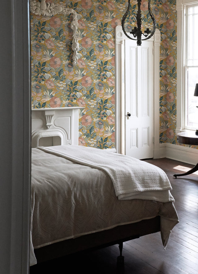 Poppy Fields Mustard Peel & Stick Wallpaper with Botanical Floral Pattern - York RMK12761PLW