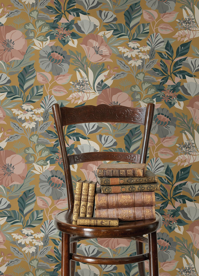 Poppy Fields Mustard Peel & Stick Wallpaper with Botanical Floral Pattern - York RMK12761PLW