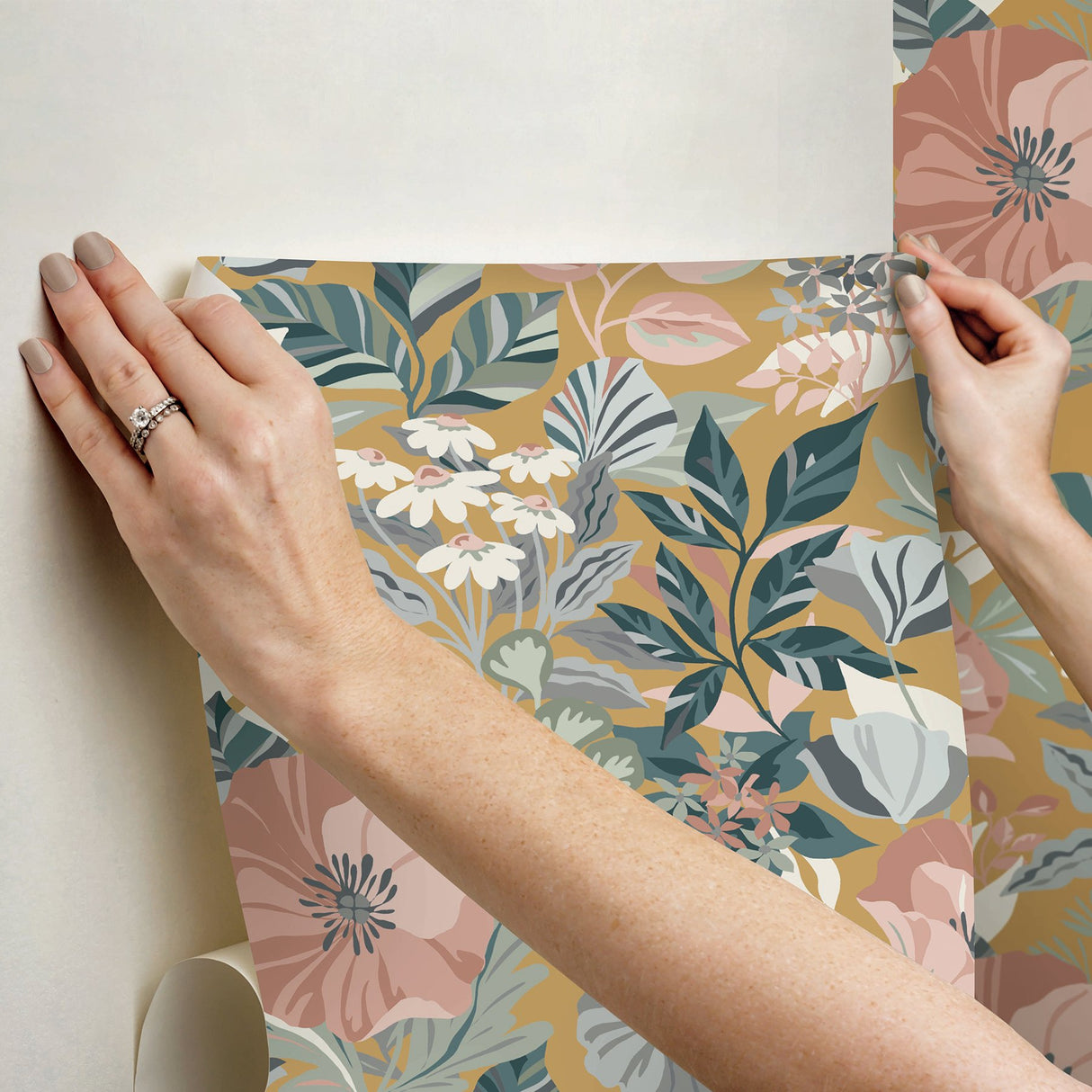 Poppy Fields Mustard Peel & Stick Wallpaper with Botanical Floral Pattern - York RMK12761PLW