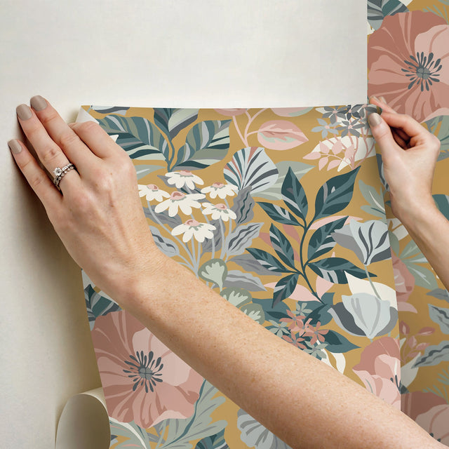 Poppy Fields Mustard Peel & Stick Wallpaper with Botanical Floral Pattern - York RMK12761PLW