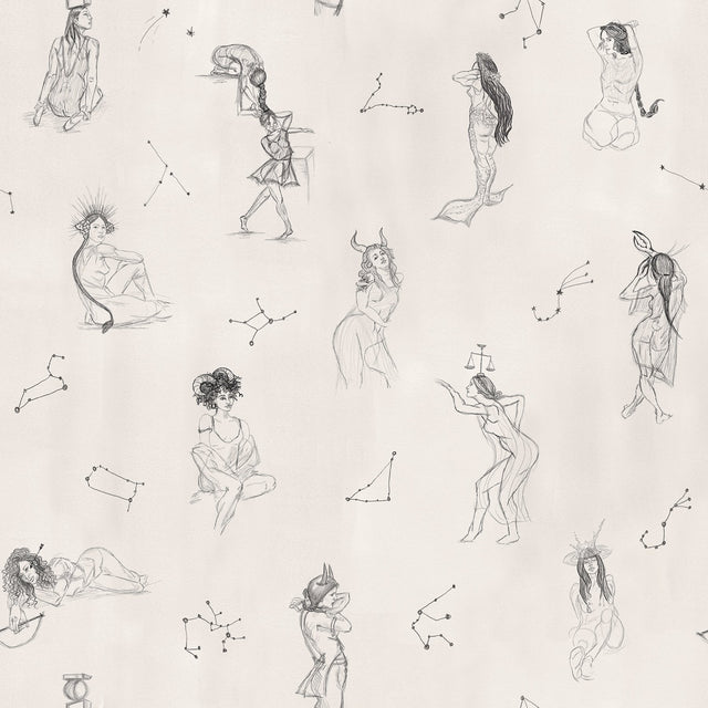 Luna Zodiac Cream & Graphite Toile Peel & Stick Wallpaper with Vintage Novelty Graphics - York RMK12768PLW