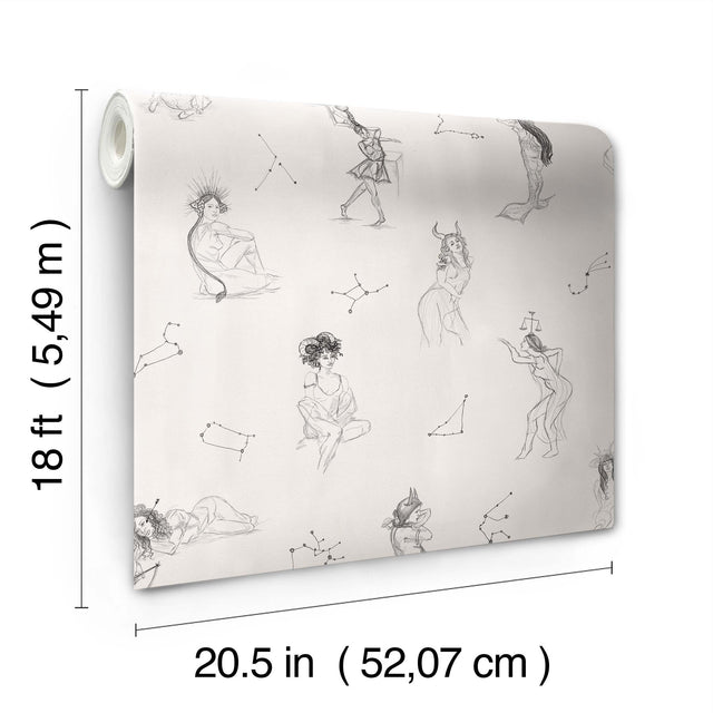 Luna Zodiac Cream & Graphite Toile Peel & Stick Wallpaper with Vintage Novelty Graphics - York RMK12768PLW
