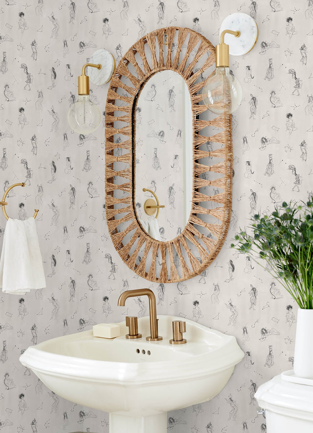 Luna Zodiac Cream & Graphite Toile Peel & Stick Wallpaper with Vintage Novelty Graphics - York RMK12768PLW