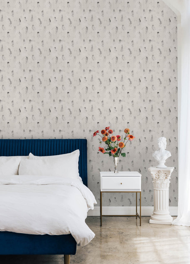 Luna Zodiac Cream & Graphite Toile Peel & Stick Wallpaper with Vintage Novelty Graphics - York RMK12768PLW
