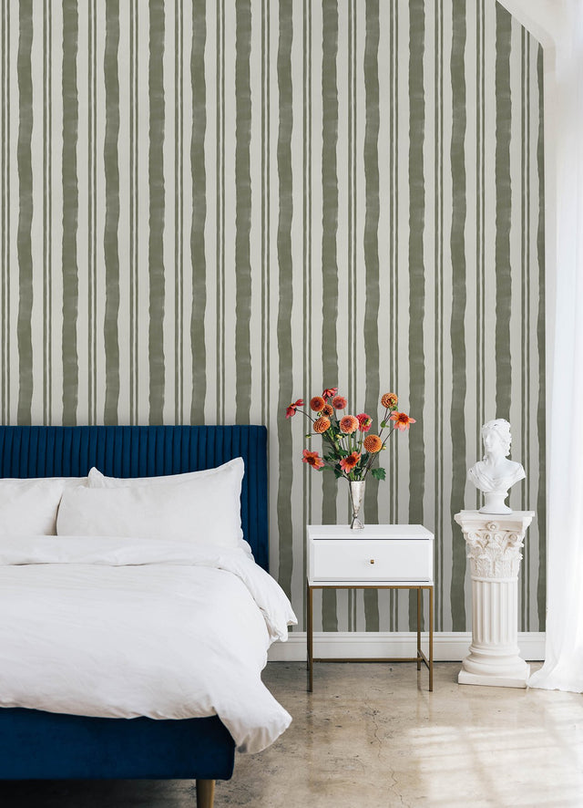 Winston Watercolor Moss Green Stripe Peel & Stick Wallpaper