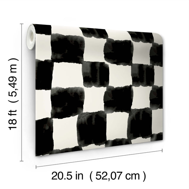 Tess Watercolor Soft Black Checker Peel & Stick Wallpaper with Modern Geometric Pattern - York RMK12772PLW