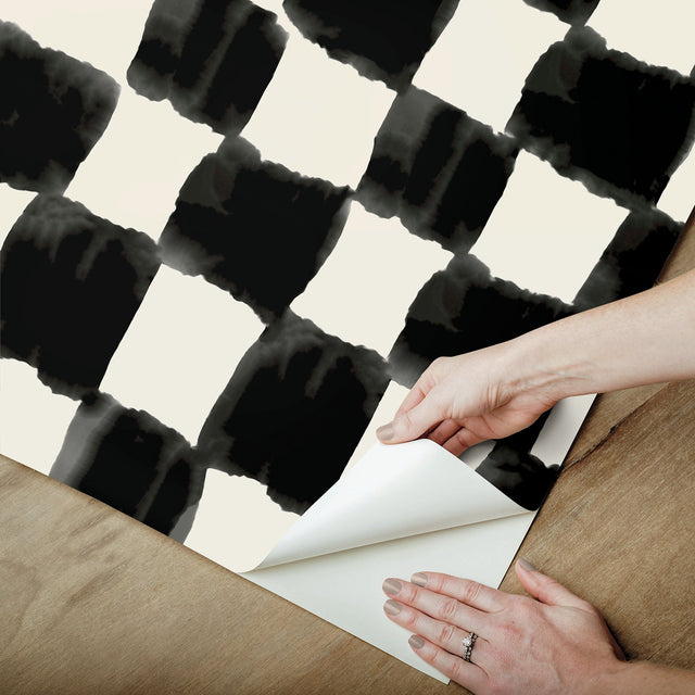 Tess Watercolor Soft Black Checker Peel & Stick Wallpaper with Modern Geometric Pattern - York RMK12772PLW