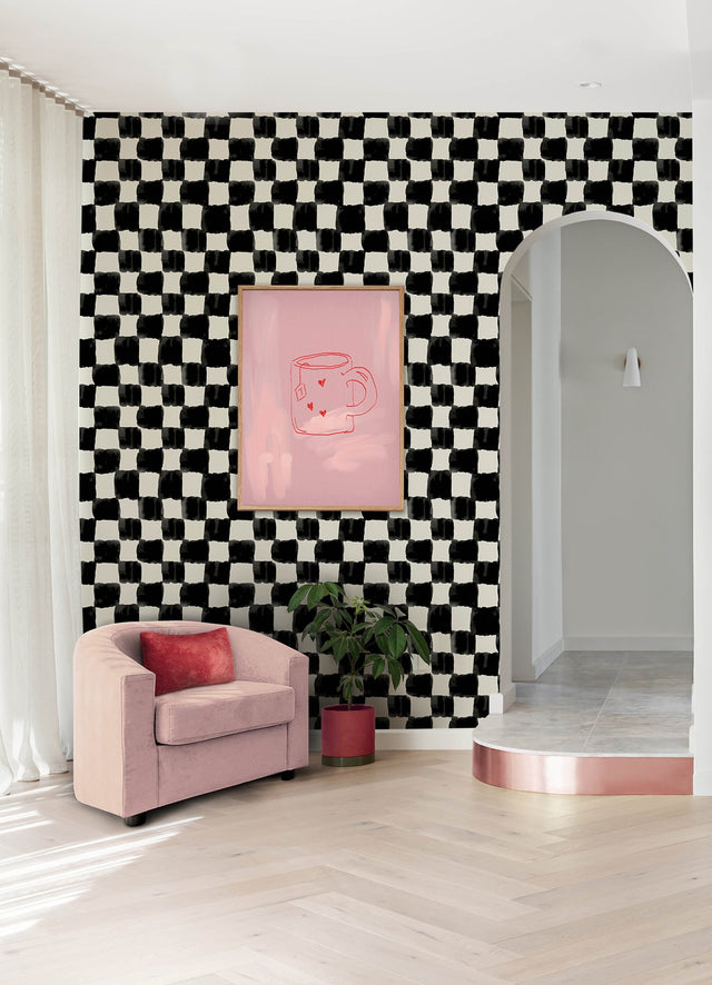 Tess Watercolor Soft Black Checker Peel & Stick Wallpaper with Modern Geometric Pattern - York RMK12772PLW