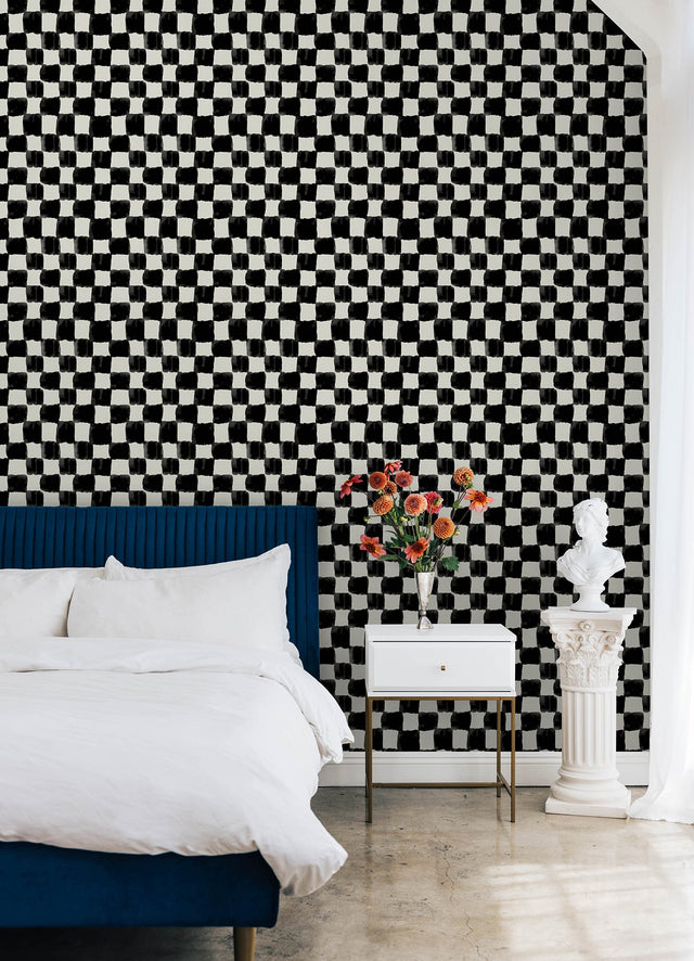 Tess Watercolor Soft Black Checker Peel & Stick Wallpaper with Modern Geometric Pattern - York RMK12772PLW