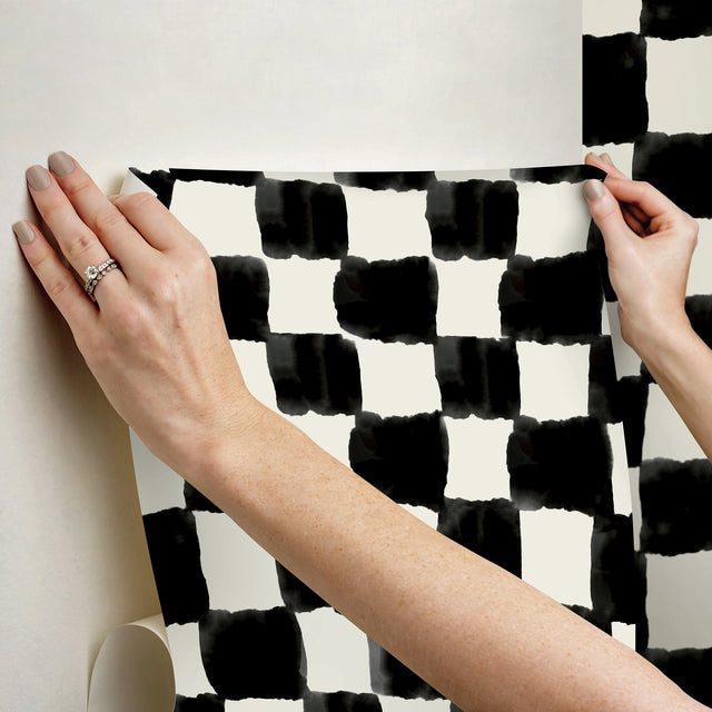 Tess Watercolor Soft Black Checker Peel & Stick Wallpaper with Modern Geometric Pattern - York RMK12772PLW