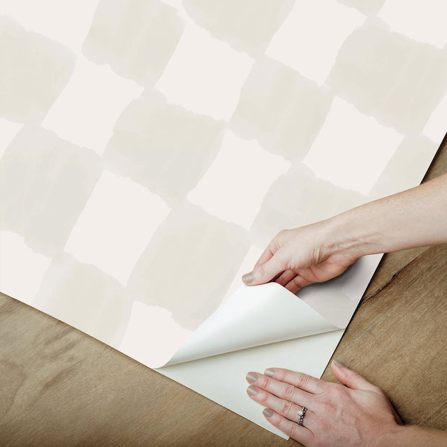 Tess Watercolor Cream Checker Peel & Stick Wallpaper with Modern Geometric Checker Pattern - York RMK12773PLW