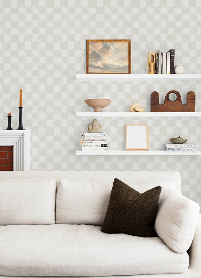 Tess Watercolor Cream Checker Peel & Stick Wallpaper with Modern Geometric Checker Pattern - York RMK12773PLW