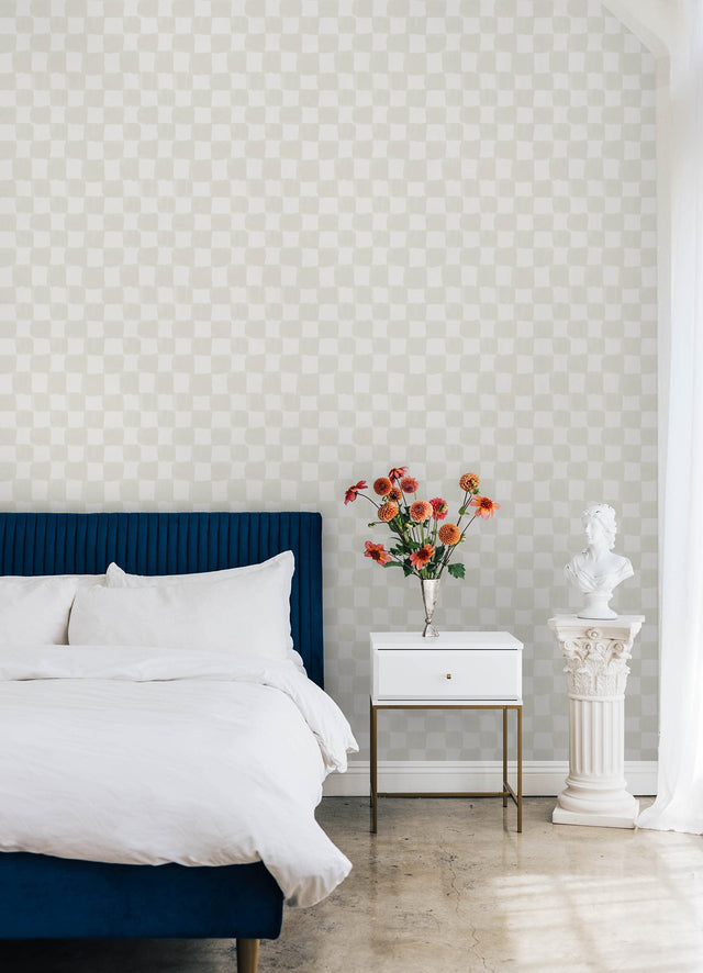 Tess Watercolor Cream Checker Peel & Stick Wallpaper with Modern Geometric Checker Pattern - York RMK12773PLW