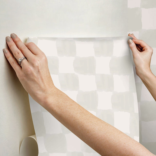 Tess Watercolor Cream Checker Peel & Stick Wallpaper with Modern Geometric Checker Pattern - York RMK12773PLW