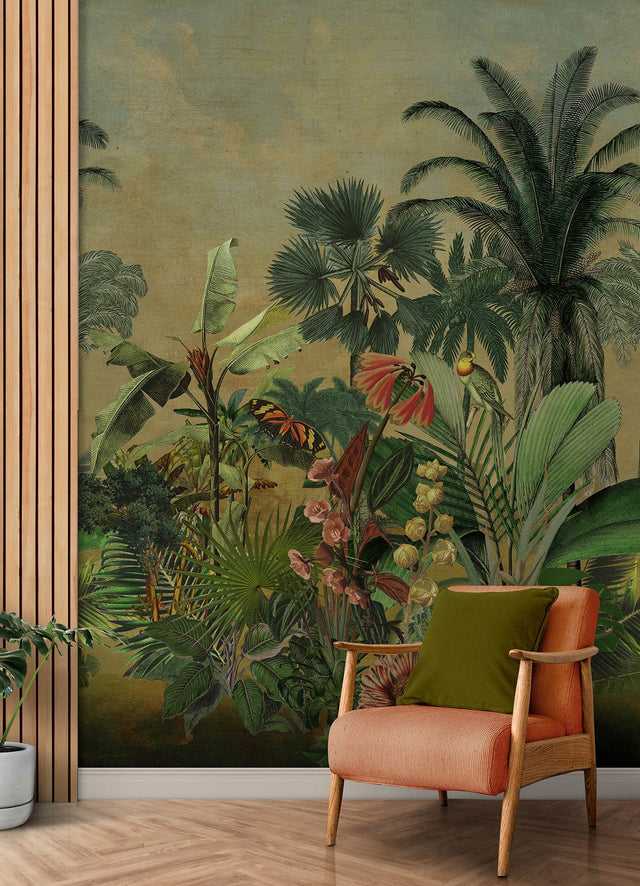 Hilo Tropical Island Green Peel & Stick Wall Mural with Tropical Trees and Animals Tapestry - York RMK12779MW