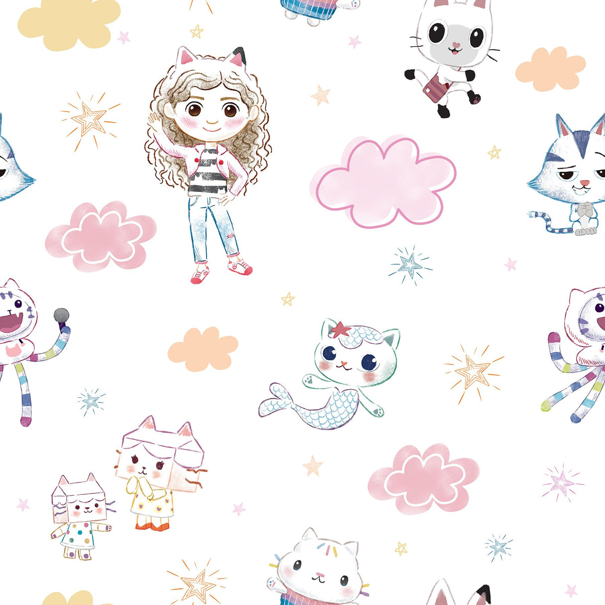 Gabby's Dollhouse Sketch Characters Pink Peel & Stick Wallpaper with Kids Graphics Novelty Pattern - York RMK12780PLW