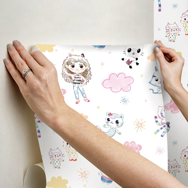 Gabby's Dollhouse Sketch Characters Pink Peel & Stick Wallpaper with Kids Graphics Novelty Pattern - York RMK12780PLW