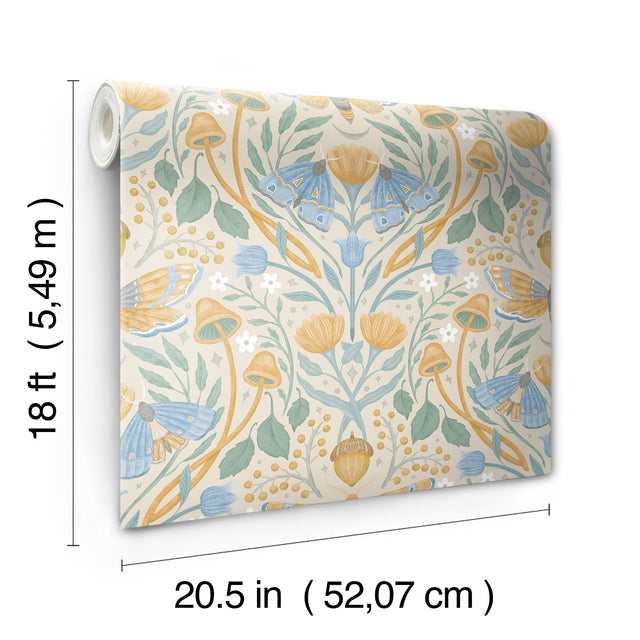 Enchanted Forest Damask Orange Peel & Stick Wallpaper with Botanical Moths and Mushrooms - York RMK12784PLW