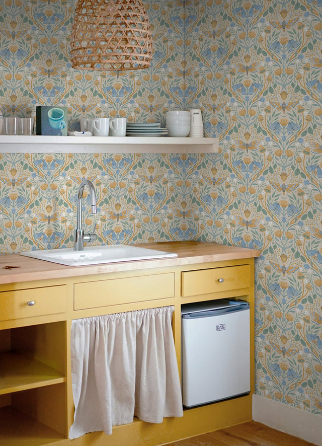 Enchanted Forest Damask Orange Peel & Stick Wallpaper with Botanical Moths and Mushrooms - York RMK12784PLW