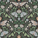 Enchanted Forest Damask Black Peel & Stick Wallpaper with Woodland Moths and Mushrooms - York RMK12785PLW
