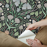 Enchanted Forest Damask Black Peel & Stick Wallpaper with Woodland Moths and Mushrooms - York RMK12785PLW