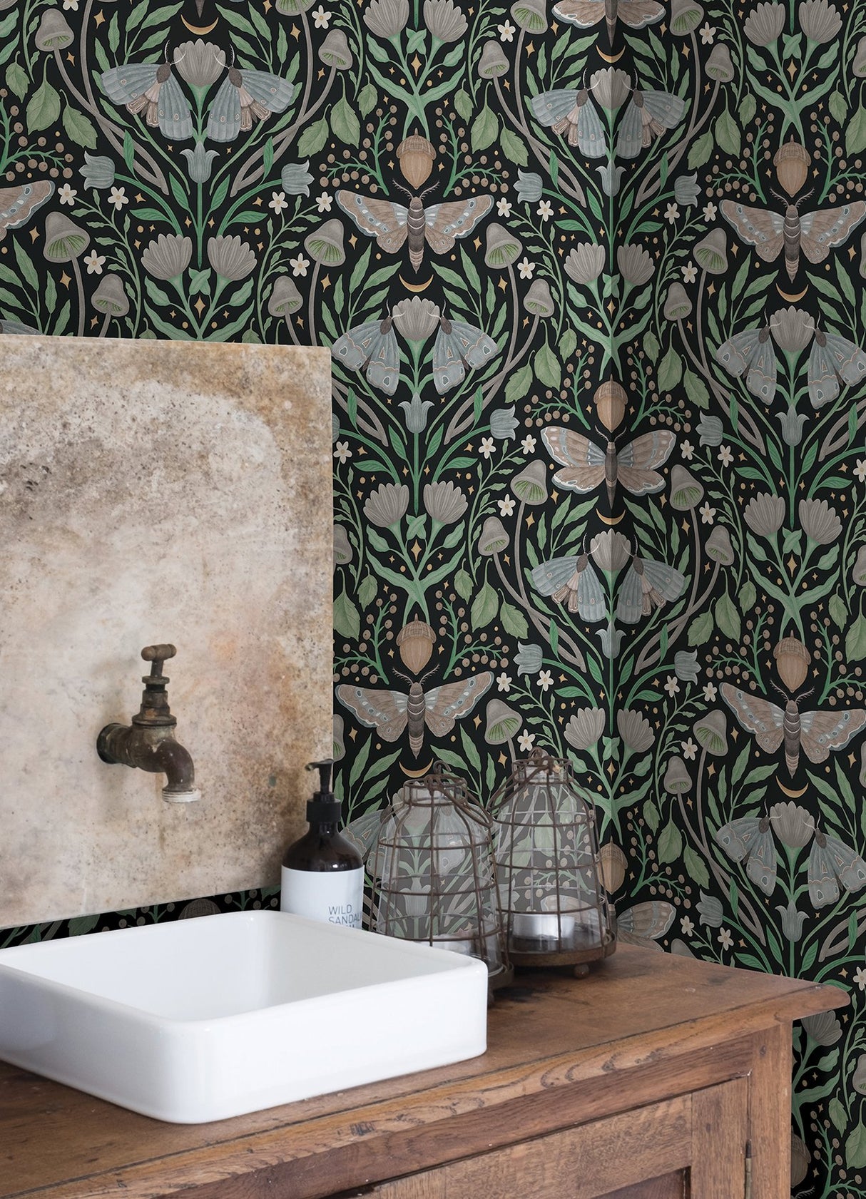 Enchanted Forest Damask Black Peel & Stick Wallpaper with Woodland Moths and Mushrooms - York RMK12785PLW