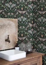 Enchanted Forest Damask Black Peel & Stick Wallpaper with Woodland Moths and Mushrooms - York RMK12785PLW