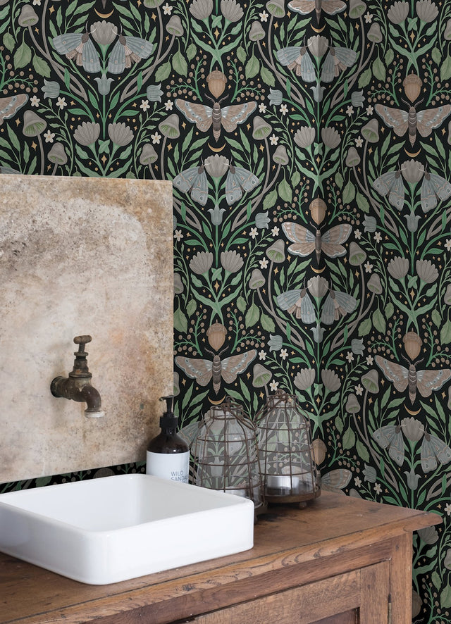 Enchanted Forest Damask Black Peel & Stick Wallpaper with Woodland Moths and Mushrooms - York RMK12785PLW