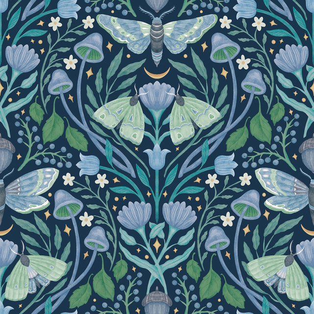 Enchanted Forest Damask Blue Peel & Stick Wallpaper with Botanical Butterflies Motif - York RMK12786PLW